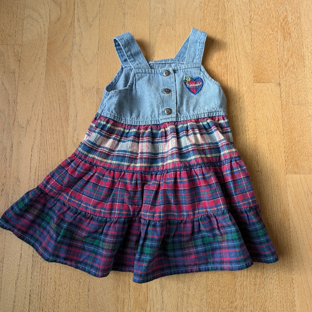 Oshkosh Toddler Overall Dress Denim and plaid size 3t